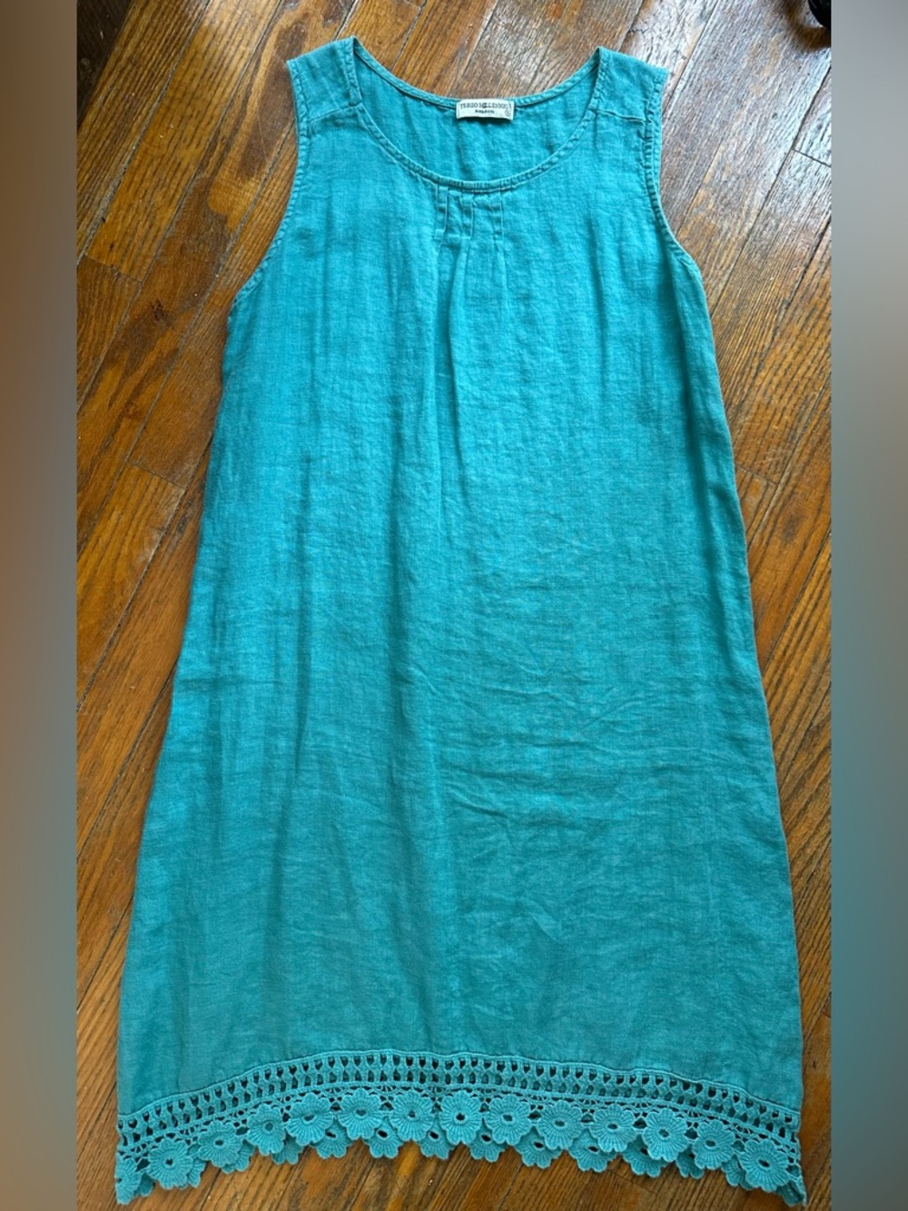 Sleeveless Teal Linen Shift Dress with Crochet Hem